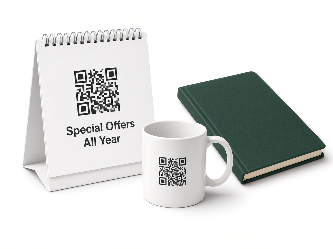 Desk calendar, mug and notebook printed with QR codes