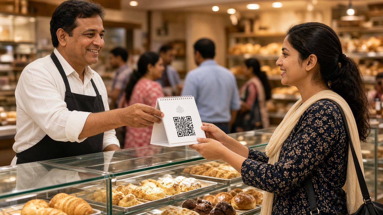 A merchant handing a QR desk calendar to a customer